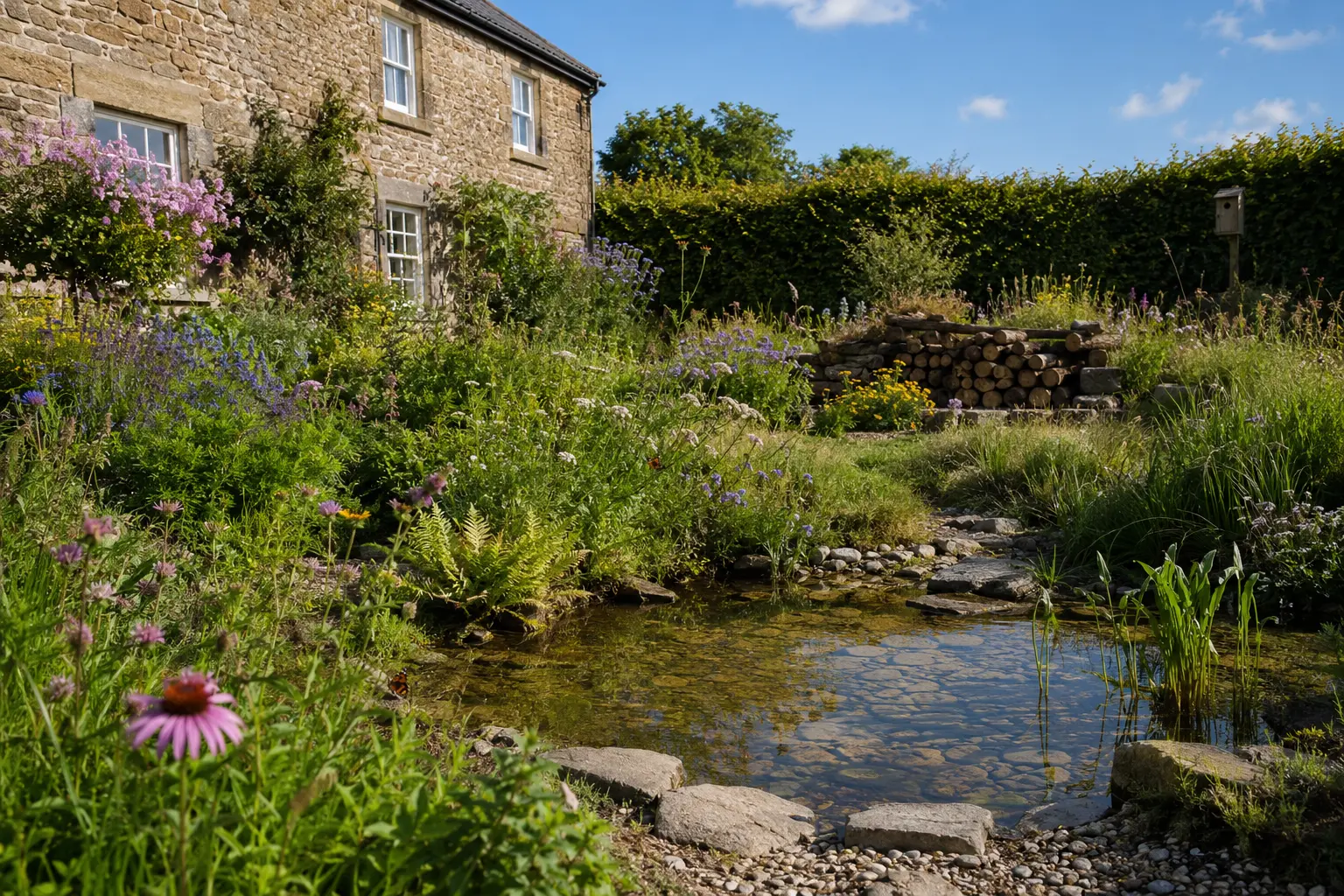 A North Yorkshire cottage garden with a pond, native flowers, log pile and nesting box