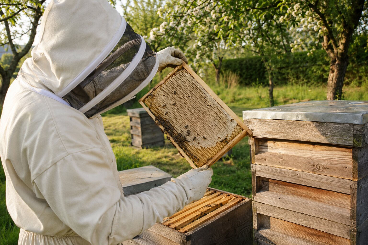 Beekeeper carefully inspecting a frame of capped honeycomb in an orchard apiary
