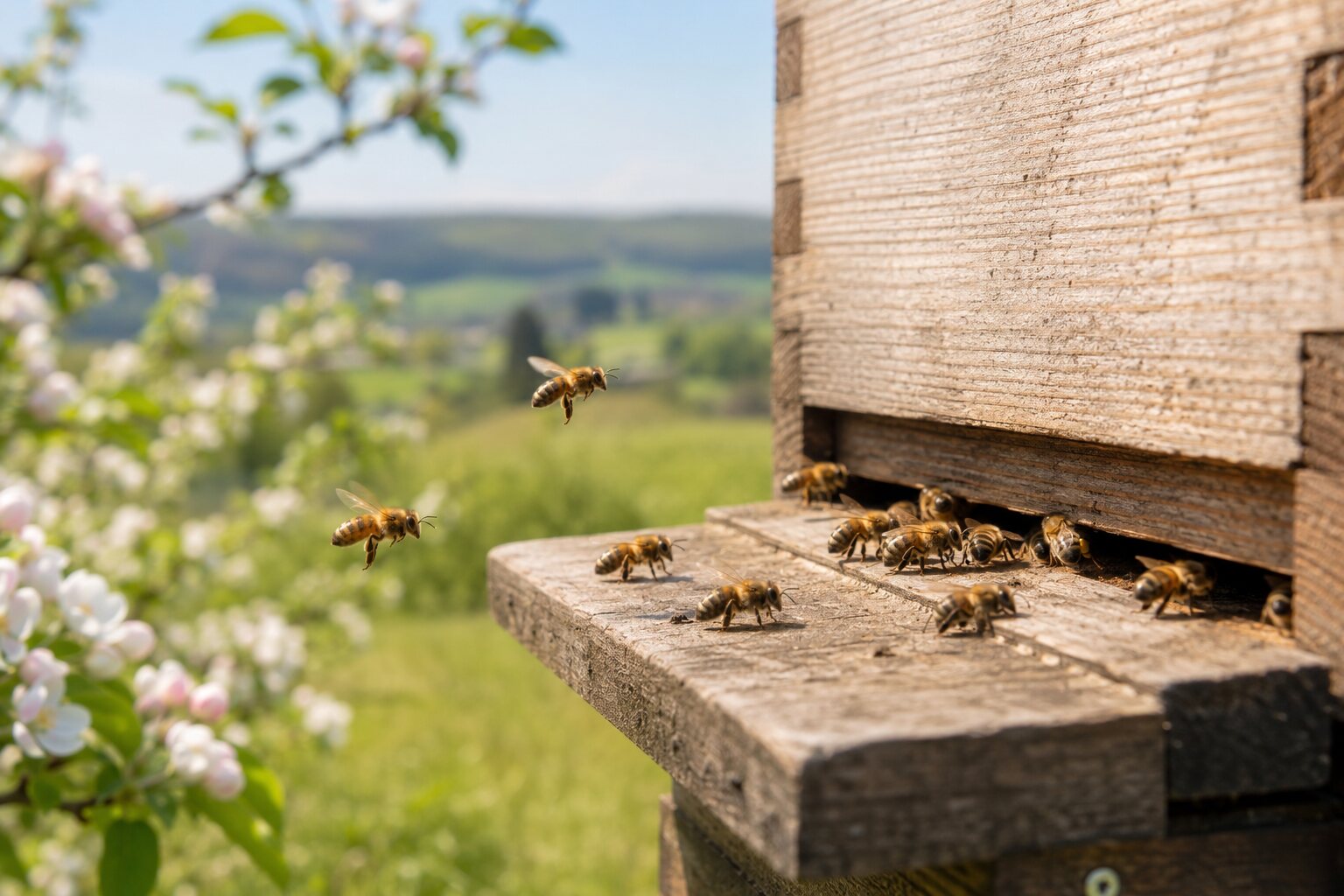 Healthy honey bees calmly arriving and departing at a wooden hive entrance in a North Yorkshire orchard