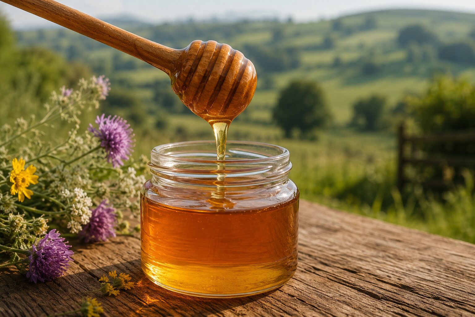 Golden honey flowing from a wooden dipper into a clear glass jar