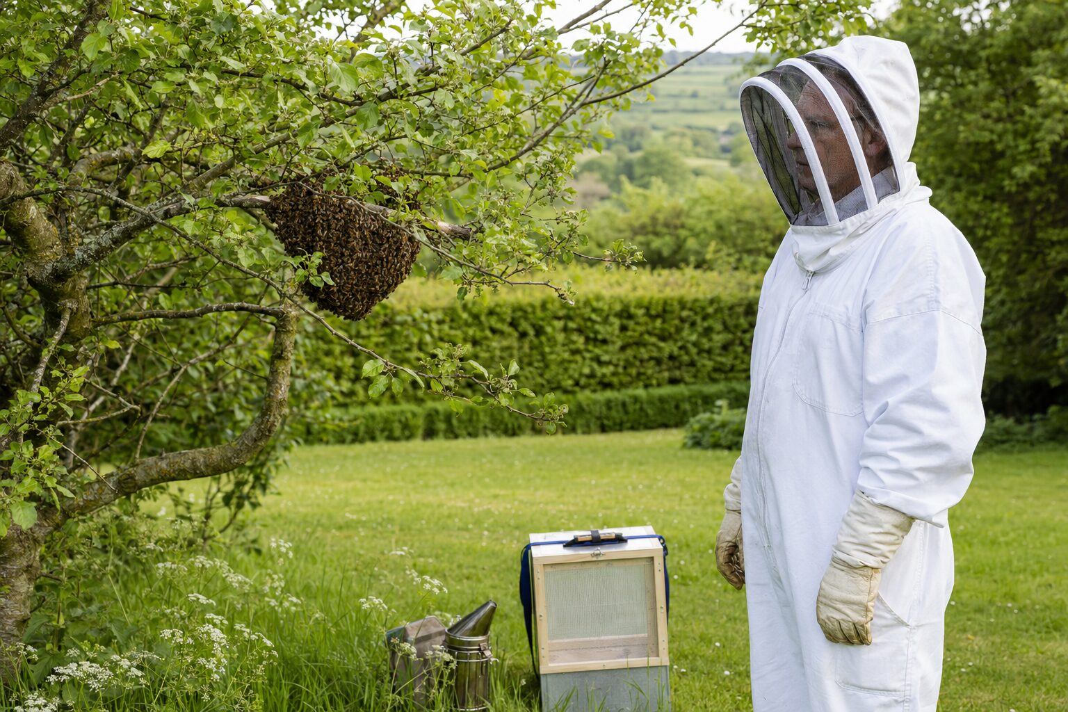 Volunteer beekeeper in protective clothing assessing a honey-bee swarm clustered on a low tree branch