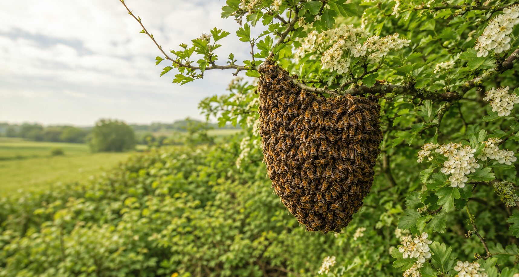 Honey-bee swarm clustered on flowering hawthorn near Malton