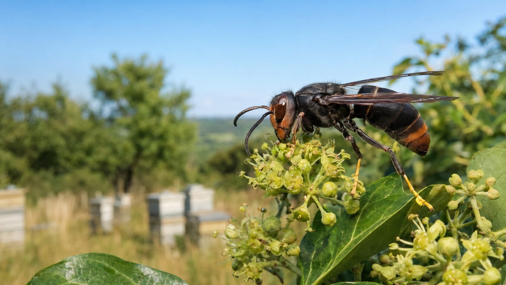Illustrative yellow-legged Asian hornet with dark body, orange abdominal band and yellow lower legs